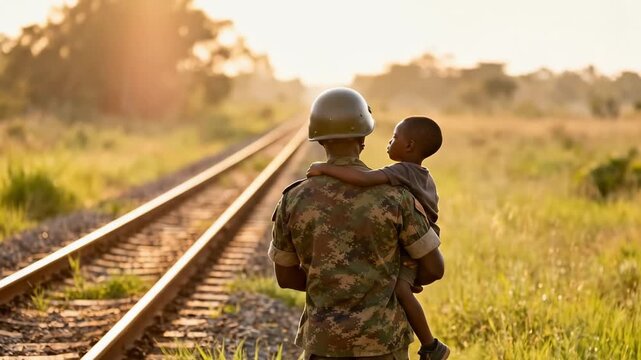 Soldier Carrying Child On Railway Tracks At Sunset, Uniformed Rescuer Navigates Rails And Tall Grass With Protective Hold, Warm Backlit Horizon, Quiet Passage And Hopeful Travel Through Open Landscape