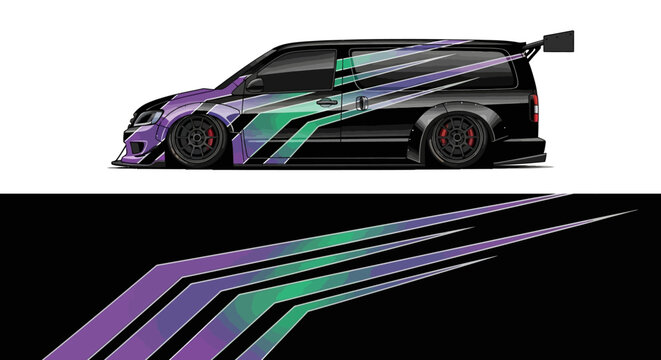 Sleek customized sports van featuring vibrant multicolor graphic stripes on a dark background.