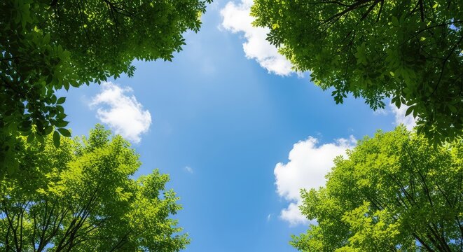 A peaceful upward perspective of vibrant green treetops framing a clear blue sky and fluffy white clouds on a sunny day in the woods, growth, woodland, looking up