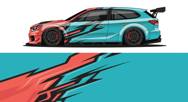 High-speed teal and red race car with bold graphics and aerodynamic design.