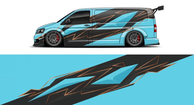Vibrant blue and teal racing van with bold graphic decals and sleek swoosh pattern.