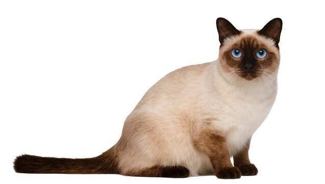 Siamese cat with blue eyes sitting, isolated on transparent background