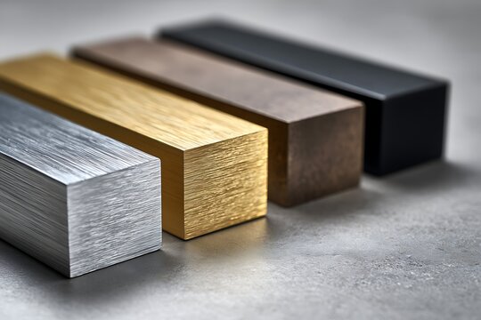Close-up of industrial aluminum square bar samples with various anodized finishes: silver, gold, bronze, and black matte. Architectural metal material palette