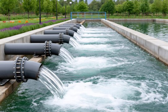 Water flowing from pipes into treatment facility channel