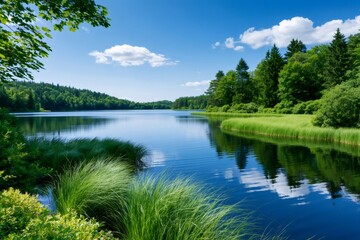 Obraz premium Clear lake reflecting blue sky and green forest