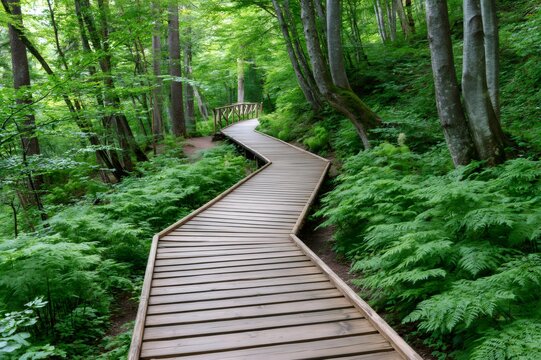 Winding wooden boardwalk through lush forest green