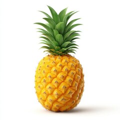 Fototapeta premium Whole Ripe Yellow Pineapple Fruit With Green Crown And Textured Skin Isolated On White