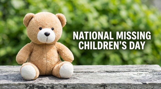 Teddy bear on bench for National Missing Children's Day