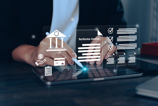 Business professional managing online proforma invoices and digital banking through a laptop interface, representing modern fintech and electronic payment systems.