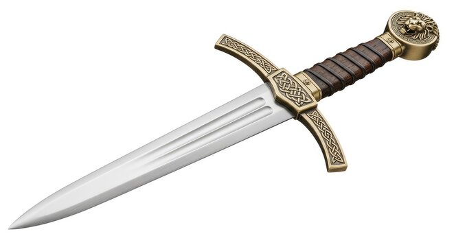 A stunning medieval longsword featuring a polished steel blade and an intricately designed hilt, isolated against a clean white background, engraved, tool, guard