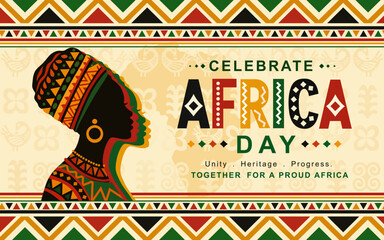 Celebrate Africa Day Banner with African Woman Silhouette and Tribal Ethnic Patterns. Africa Day design with African woman silhouette, tribal patterns, vibrant colors, celebrating unity and heritage © Ocha Designs