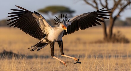 Fototapeta premium Secretarybird landing in the savanna with wings spread.