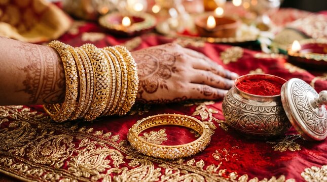 Traditional gold bangles and red vermilion powder for Indian festivals