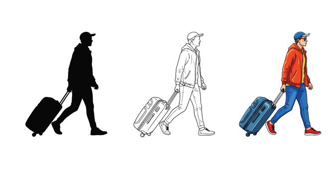 Man with rolling suitcase walks forward wearing casual clothing and a baseball cap