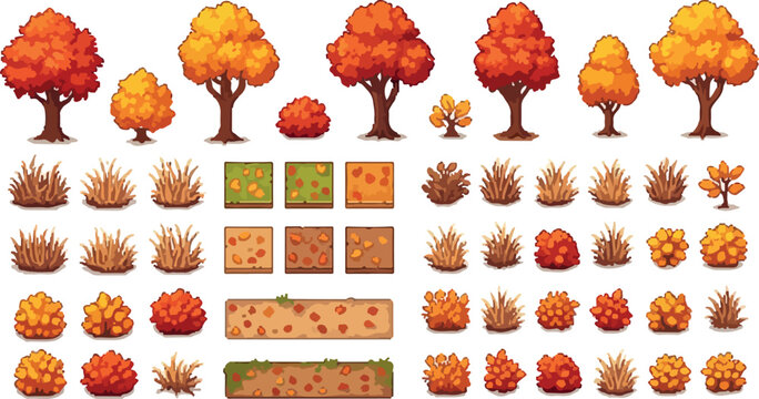 Autumn pixel art game assets, 2D forest environment set with orange trees and bushes, fall foliage sprites for game design, vector nature elements