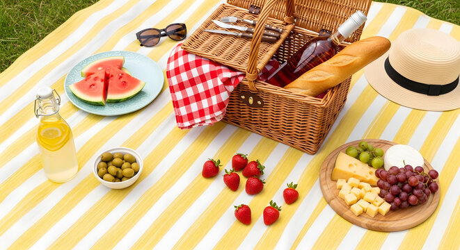 Summer picnic with food and basket on striped blanket