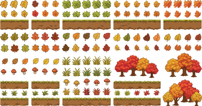 Autumn pixel art game assets collection, fall season forest environment elements, 2D platformer nature tileset with trees and foliage