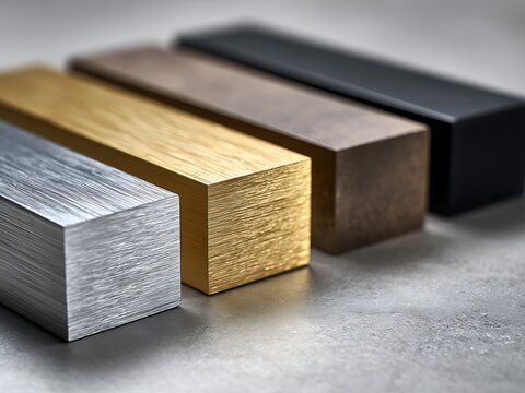 Close-up of industrial aluminum square bar samples with various anodized finishes: silver, gold, bronze, and black matte. Architectural metal material palette