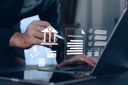 Business professional managing online proforma invoices and digital banking through a laptop interface, representing modern fintech and electronic payment systems.