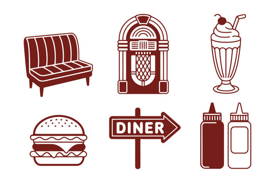 Retro diner elements collection featuring jukebox milkshake and burgers.