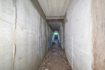 A long, narrow concrete corridor with cracked walls, dirt-littered floor, unfinished ceiling, dim lighting, debris scattered along the path, leading to a faintly lit exit in the distance. © evgeniykleymenov