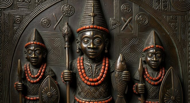 Ancient Benin Bronze Plaque Depicting Royal Figures and Attendants.