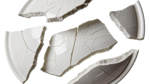 Shattered white ceramic plate fragments with rough edges, isolated on transparent background