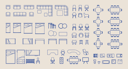 Office interior furniture layout plan, architectural floor plan symbols, workspace desk and chair icons, blue furniture top view set, interior design planning doodles, commercial office space elements © pankaj