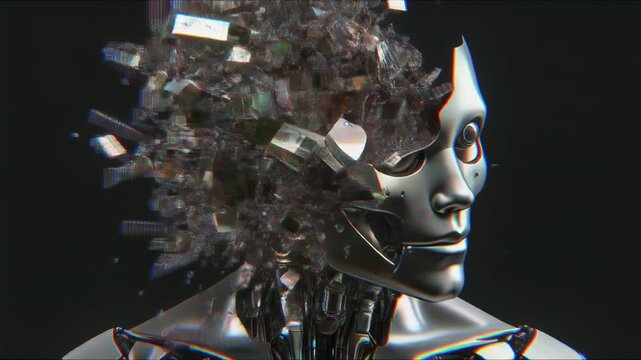 デジタルノイズに侵食され分解するメタリックロボット頭部