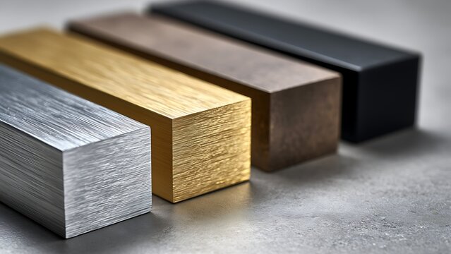 Close-up of industrial aluminum square bar samples with various anodized finishes: silver, gold, bronze, and black matte. Architectural metal material palette