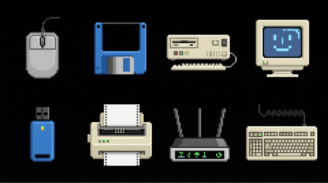 Retro Computer Technology Pixel Art Icon Set with Vintage Monitor and Floppy Disk