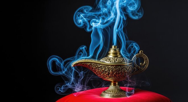 An antique golden lamp rests on a plush red velvet cushion, emitting swirling trails of mysterious blue smoke against a dark backdrop, pillow, golden, fable