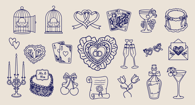 Wedding icons hand drawn doodle set, romantic marriage ceremony elements, bridal party celebration symbols, love and engagement line art, heart and ring decorations, marriage invitation graphic elemen