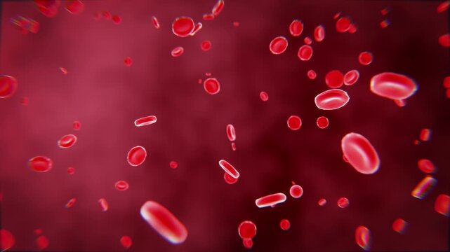 animated 3d red blood cell particles on a dark red background, science animation