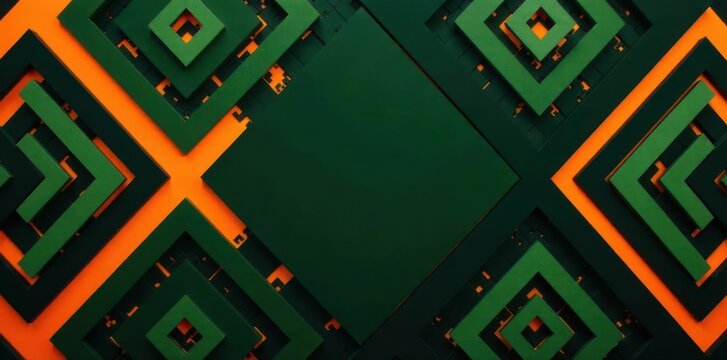 Bold diamond and stripe motifs, deep green, black, and orange hues , orange, vibrant colors, green