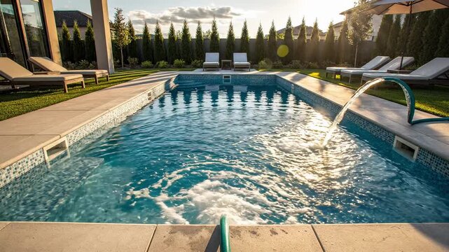 Sunset Backyard Pool With Bubbling Jets, Golden Sunlight Glinting Off Rippling Water, Modern Tile Surround And Stone Coping, Chaise Lounges And Umbrella On Pool Deck, Manicured Hedges For Privacy.