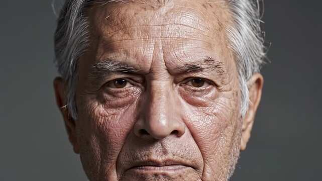 Portrait Sequence Showing Age Transformation From Young To Old With Alternating Expressions And Eye Movement, Neutral Studio Backdrop, Subtle Morphing Details, Clinical Comparison And Emotional.