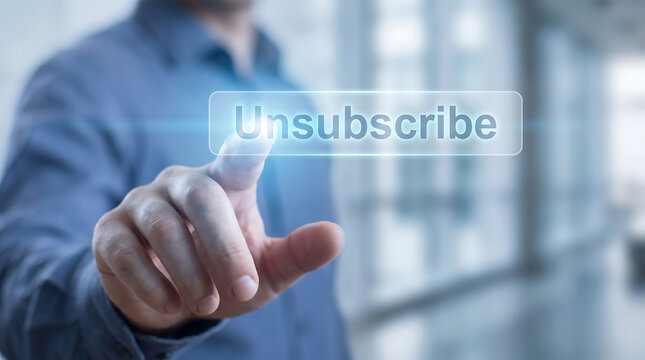 Finger pressing unsubscribe button on virtual glass screen for email marketing and privacy control website banner.