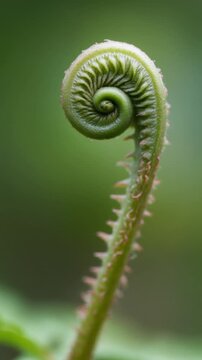 Green fiddlehead fern macro video footage. Close up view of a curled young frond with fuzzy stem against a blurred natural background. Static video clip.