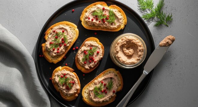 Toasted bread slices topped with savory pate, fresh dill, and pink peppercorns on a black plate
