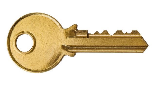 Shiny brass house key with circular bow, isolated on transparent background