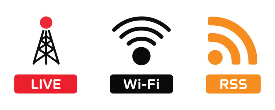 Professional broadcast live signal wifi network and rss feed icons set for modern digital media content design.