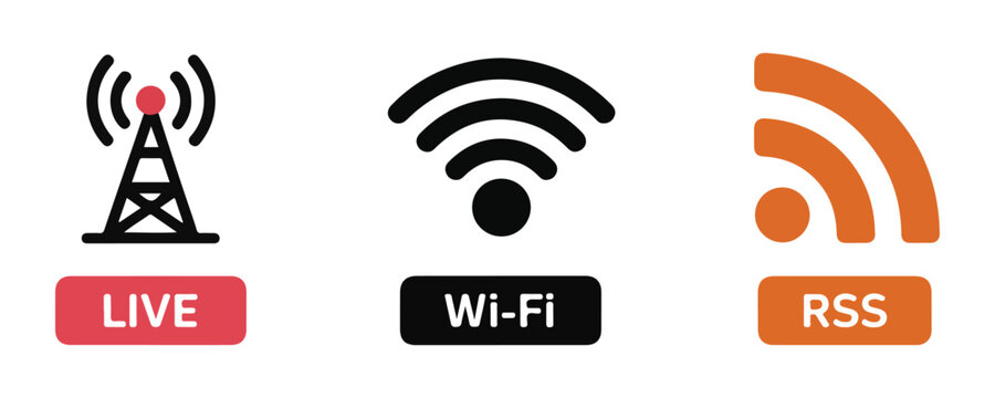 Broadcasting tower wifi connectivity and rss syndication feed icons collection for digital media interface design.