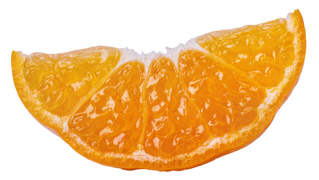 Juicy orange slice segment with visible pulp and rind, isolated on transparent background