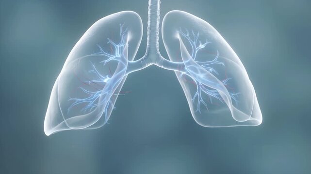 A translucent, glowing digital rendering of human lungs and the intricate bronchial tree, illustrating the respiratory system.
