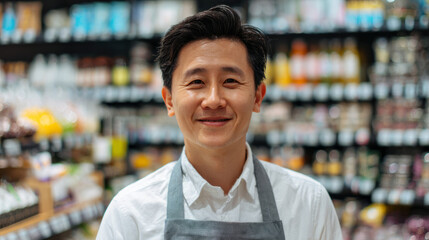 Naklejka premium Smiling East Asian man in store