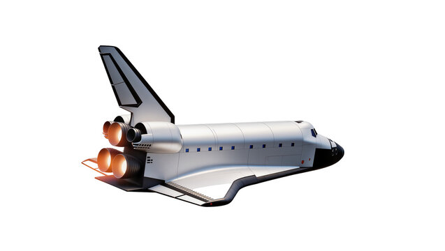 Space shuttle orbiter with glowing engines, isolated on transparent background