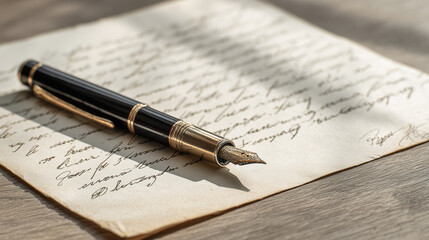 Fototapeta premium Fountain pen beside handwritten letter on wood