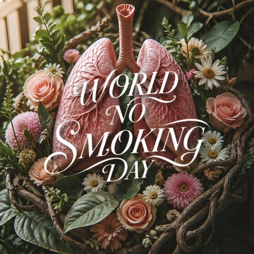 world no smoking day elegant lung anatomy floral still life with roses daisies botanical greenery transparent text soft natural light warm glow 45 degree angle realistic photography