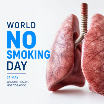 detailed realistic lung anatomy with blue veins professional medical world no smoking day bold text clean sans serif font trust and urgency concept high quality commercial photography shallow depth of